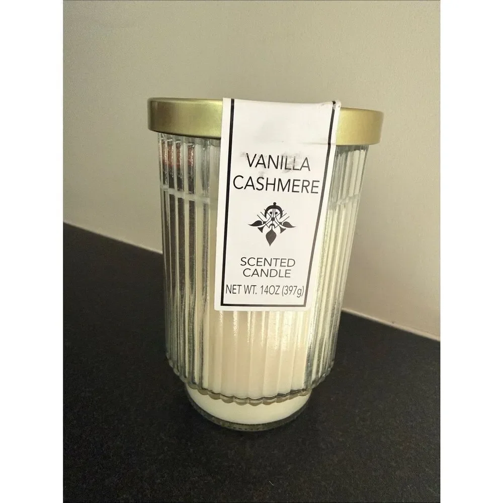 Set of 2 Vanilla Cashmere Ribbed Glass Candles 14 oz Each